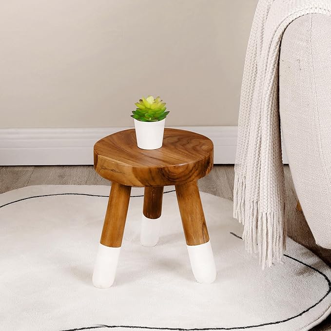 Teak 12" Round Dip Dyed Wood Plant Stand | Wood Accent Stool | Bath Stool | Milking Stool (12" Tall White)