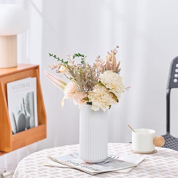 White Ceramic Flower Vase for Pampas Grass, 10 inch Large Decorative Centerpiece Ribbed Vase for Dining Table, Office Desktop, Shelf Bookshelf, Mantel, Entryway, Bathroom, Countertop, Farmhouse, Gift