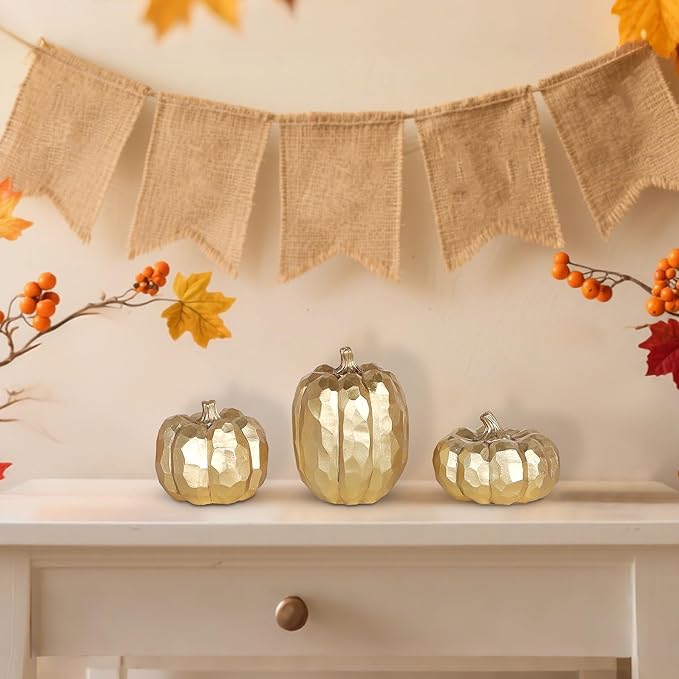 winemana 3 Pack Fall Decor for Home-Gold Pumpkins Thanksgiving Decorations, Table, Fireplace Mantel, Office, Elegant Decorative Pumpkin Autumn Indoor Decor