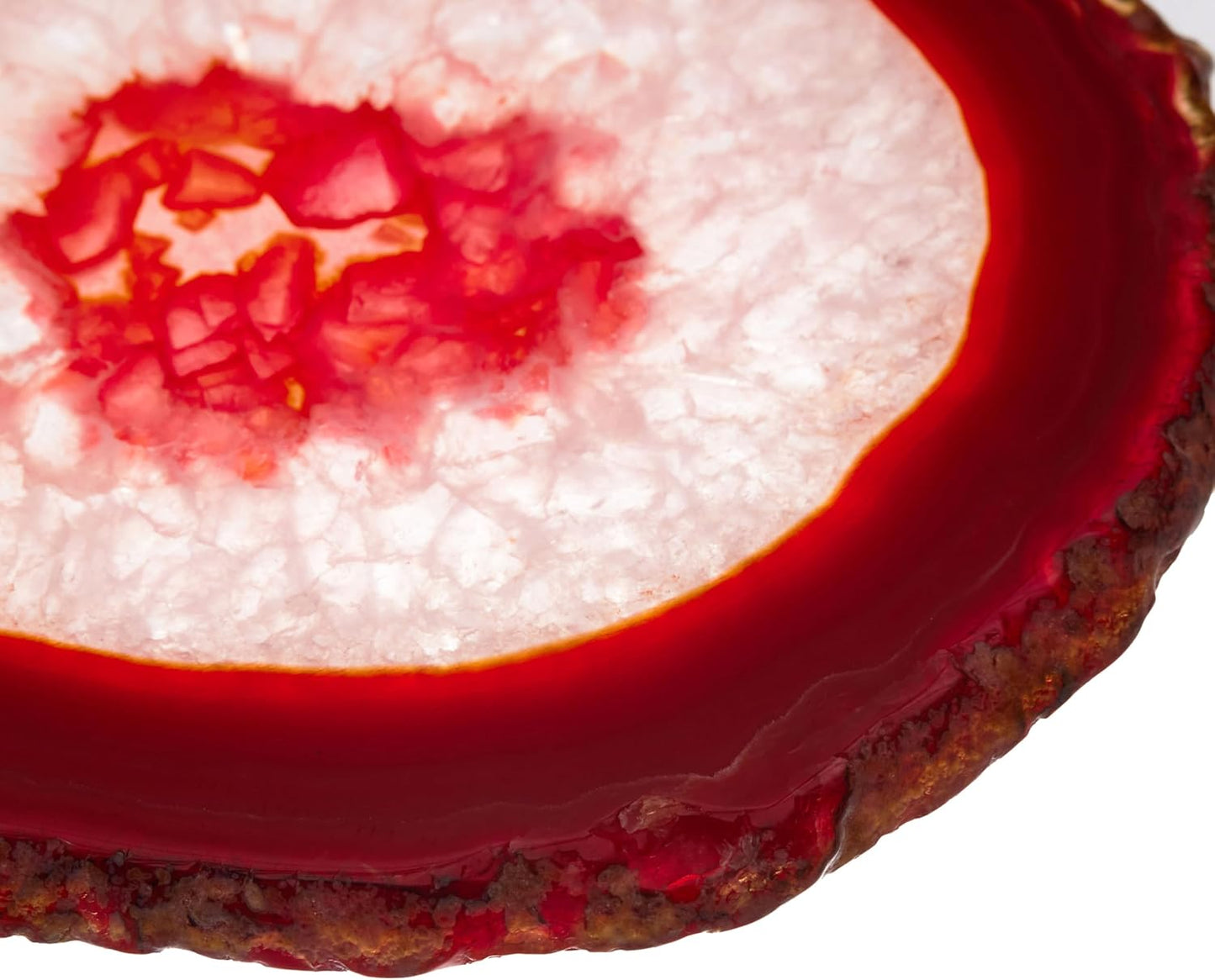 Luxury Lane Set of 4 Large Natural Brazilian Agate Slice Geode Rock Stone Drink Coasters with Wood Holder 4.3-4.7 inch Centerpiece Table Decoration, Red