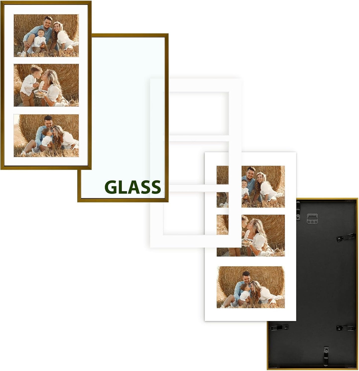 Frametory - 8.5x16.3 Aluminum Collage Picture Frame - Display 5x7 Pictures with 3 Openings Mat - Real Glass Front - Horizontal/Vertical Wall Mount - Bronze 1 Pack