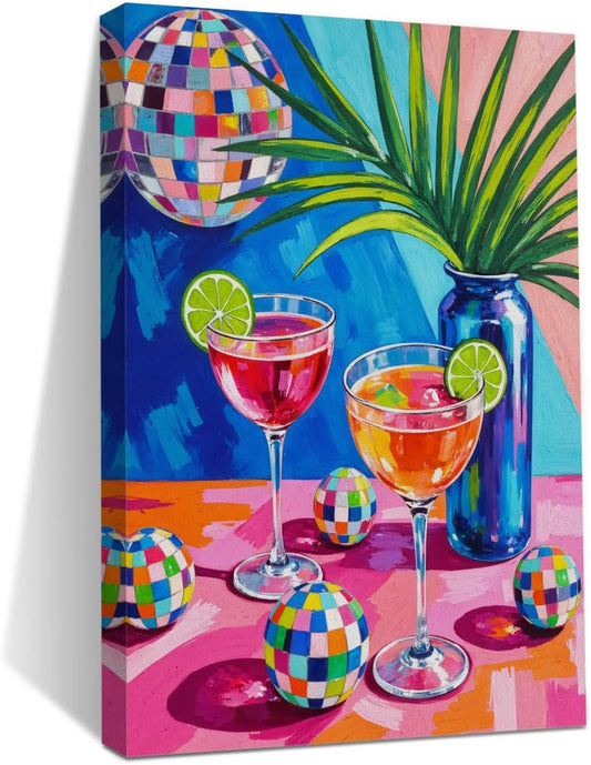 Disco Cocktail Print Wall Art, Retro Disco Ball Maximalist Canvas Framed Prints Modern Decorations, Funky Poster for Bar Cart Decor Living Room Entryway Bedroom Aesthetic