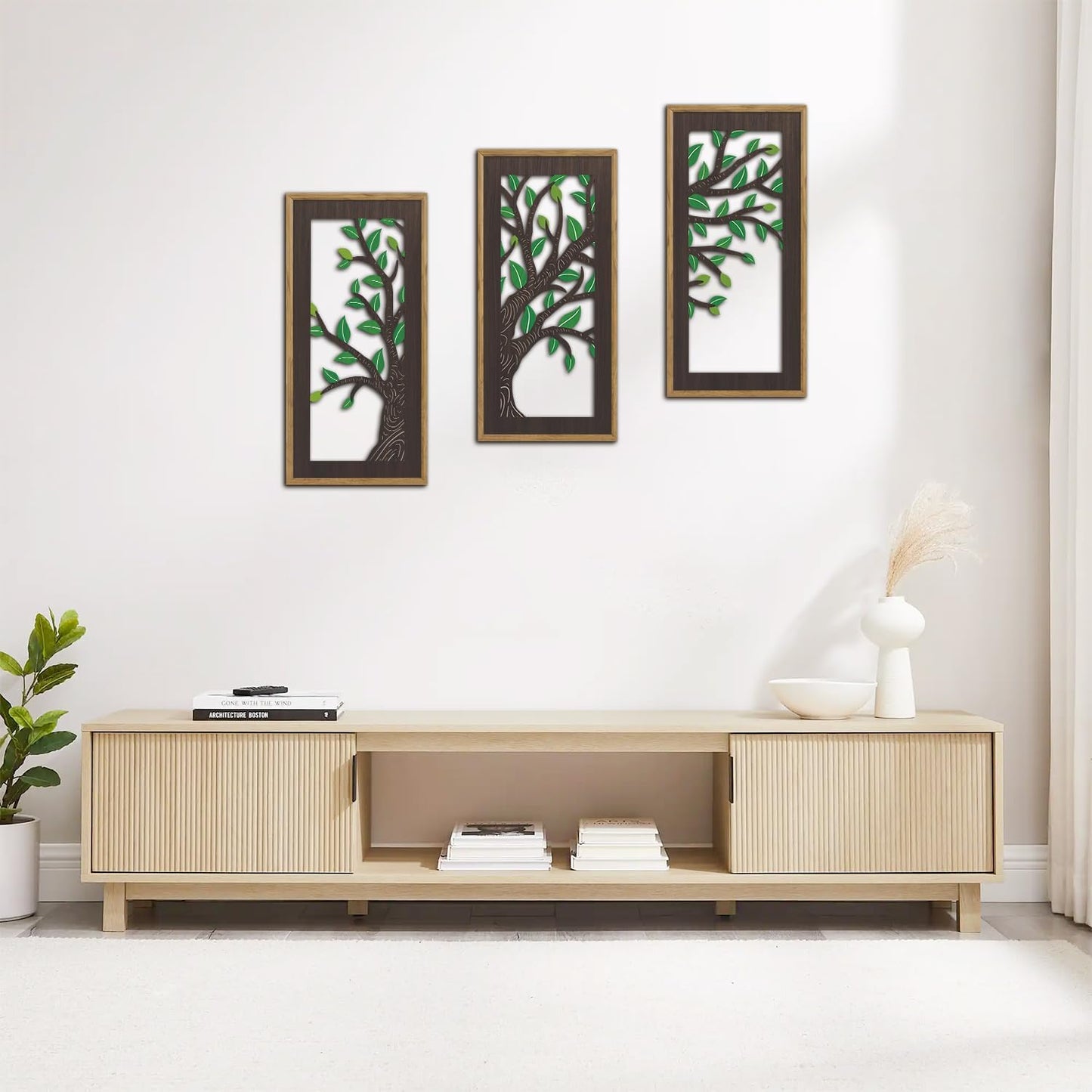 KAIRNE Wooden Tree Branch Framed Wall Art(Set of 3, 16”x8”),Abstract Tree of Life Hollow Artwork Decor,Rustic Birch Green Leaves Wood Decor,Modern Tree Farmhouse Decor for Living Room Bedroom Kitchen