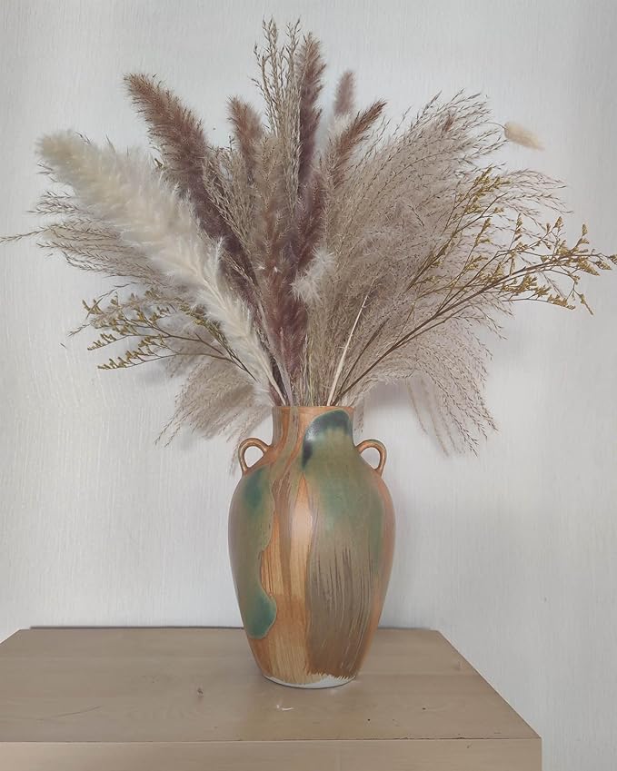 Terracotta Pottery - 10" Unique Decorative Farmhouse Vase with Handle, Green Glazed Earth Yellow Boho Neutral vase Home Decor, Vintage Ceramic Flower vases for Living Room, Kitchen Decor