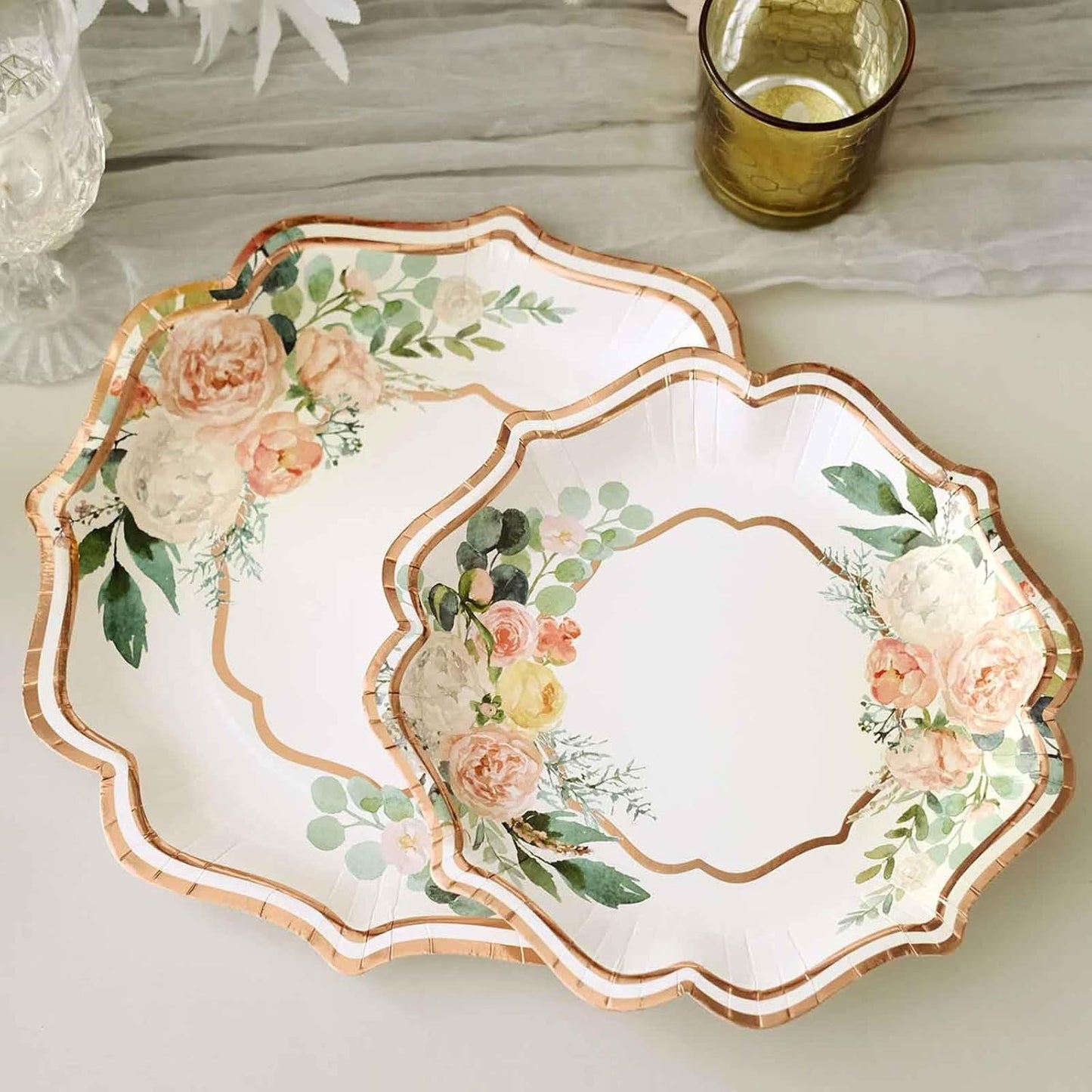Efavormart 25 Pack | Floral 8" Scallop Rim Dessert Appetizer Party Paper Plates, Disposable Salad Plates - 300 GSM