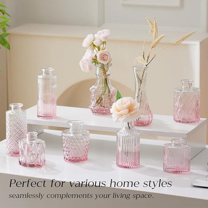 Glass Bud Vase Set of 30 - Small Vases for Flowers in Bulk - Assorted Vintage Crystal Vases for Flowers, Table Centerpieces (Pink, 30 Pcs)