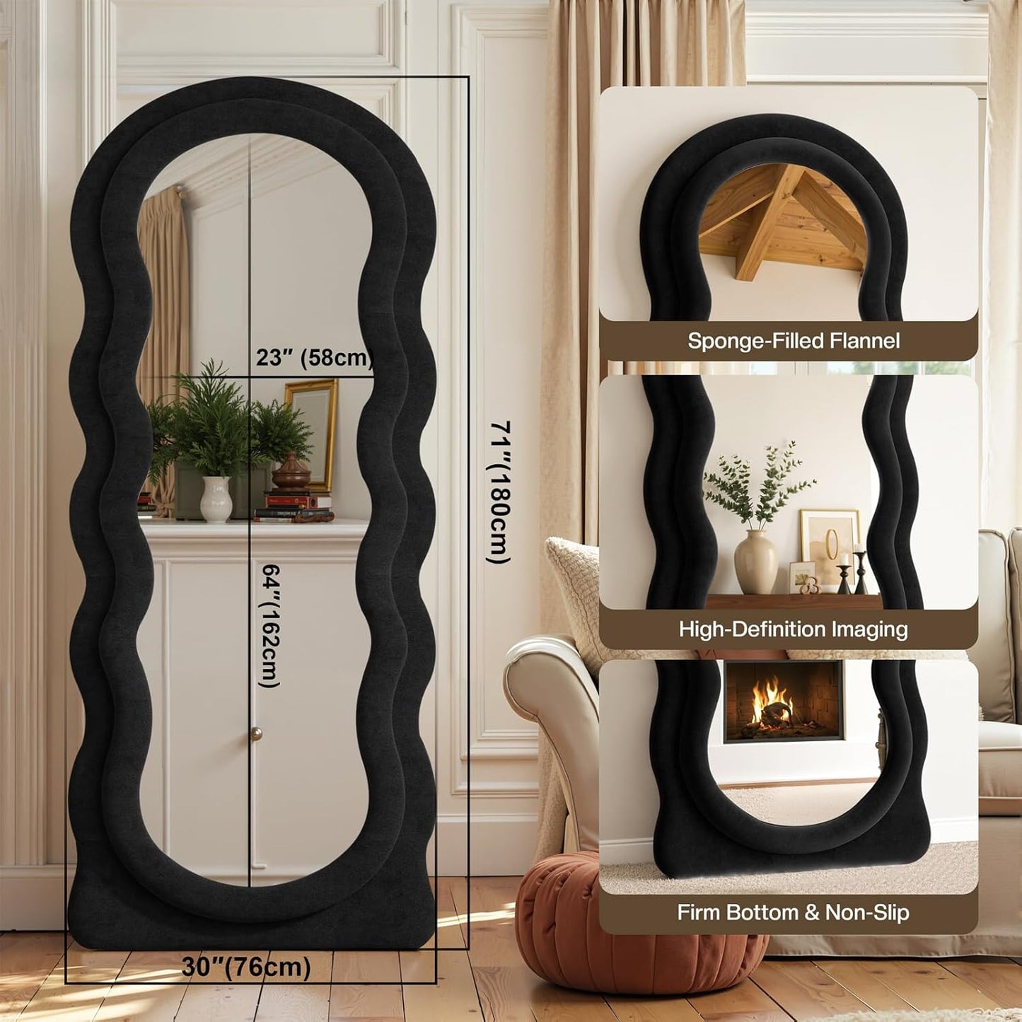 Full Length Mirror 71"x30" Irregular Wavy Full Body Wall Mounted Floor Mirror with Stand Black Flannel Frame Leaning Hanging Wall for Bedroom Entrance Hallway