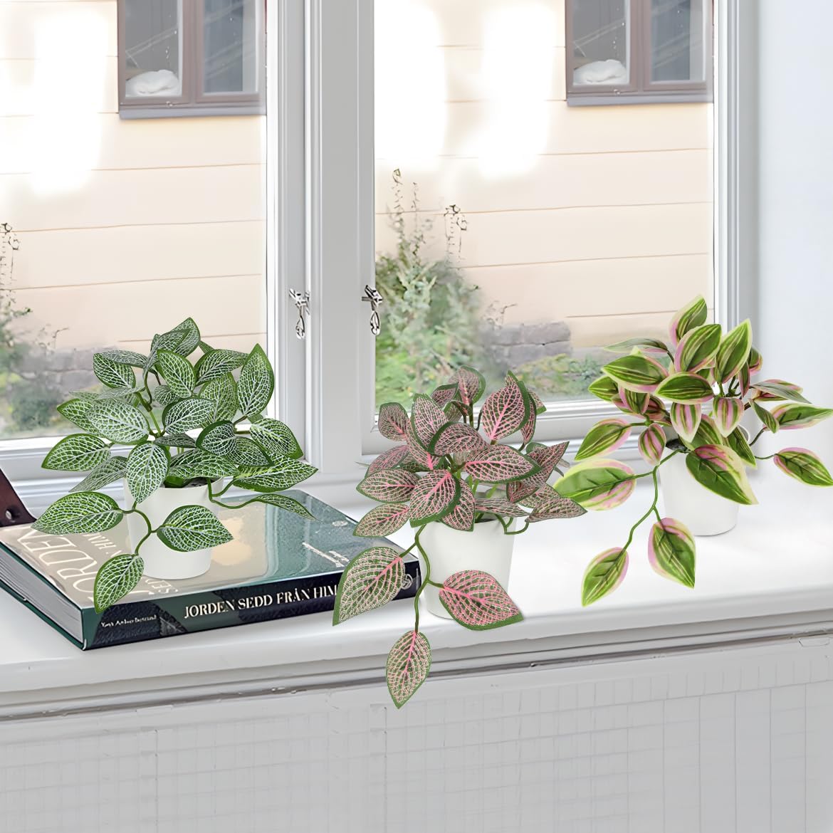 Hollyone Fake Plants 6 Pack Artificial Plants Indoor Faux Plant with White Plastic Pot Small Fake Potted Plant for Home Aesthetic Living Room Bathroom Desk Shelf Office Decor