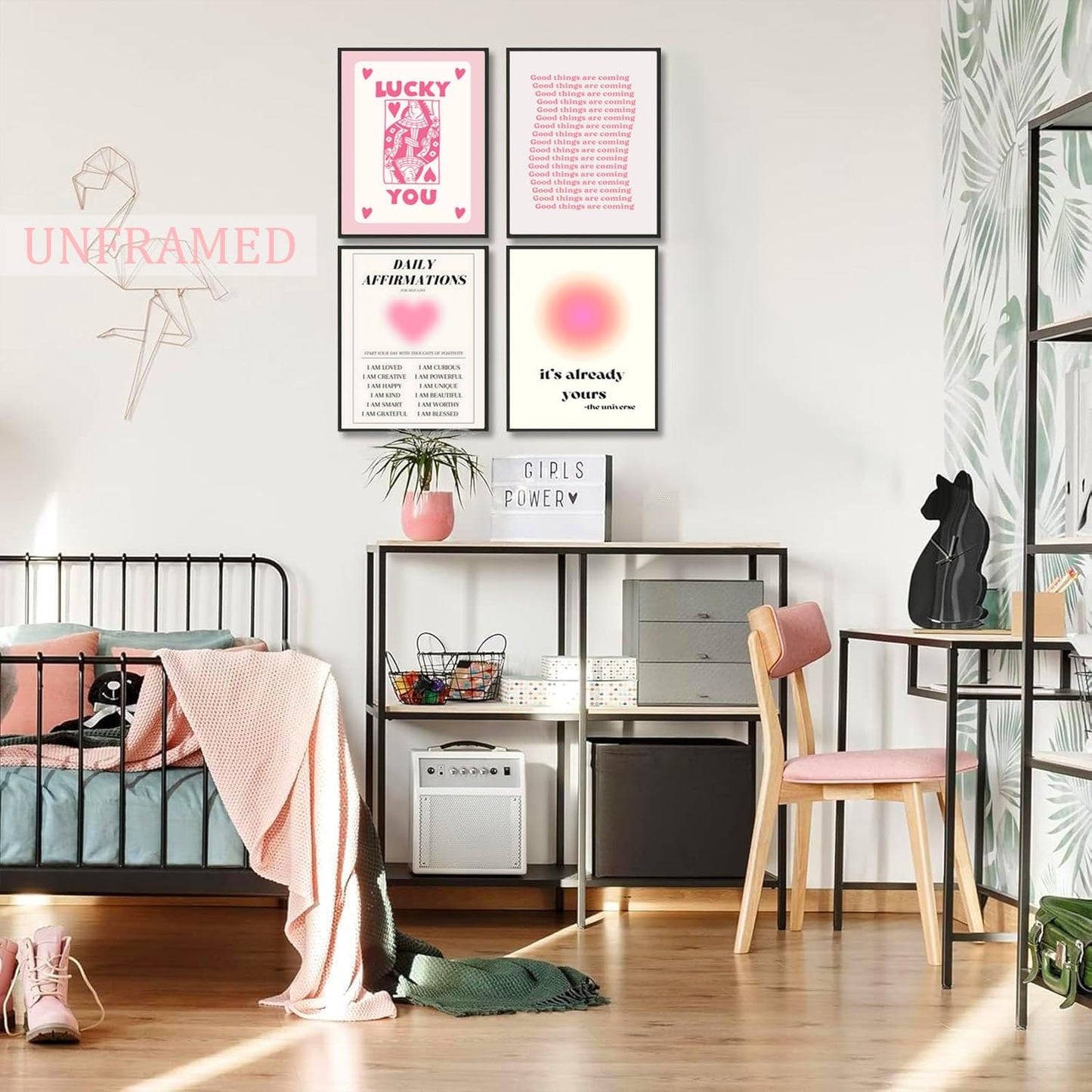 Hwetui Preppy Pink Aura posters Daily Affirmations Wall Art Trendy Y2K Canvas Prints Cute Lucky You Painting Retro Aesthetic Room Decor Picture for College Dorm Bedroom 12x16Inch Set of 4 Unframed