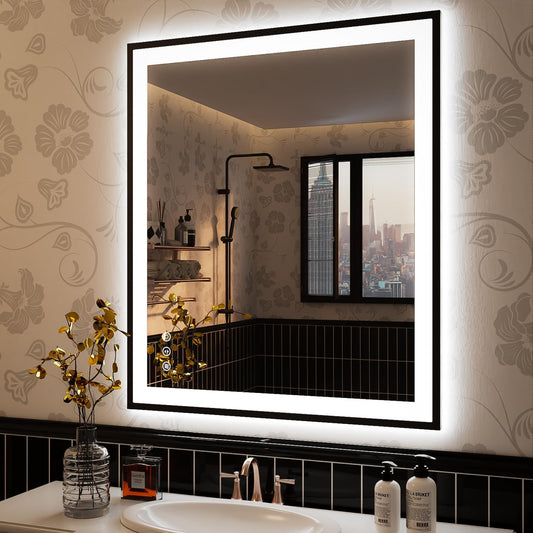 ISKM Framed LED Mirror for Bathroom 36"x30", Dimmable LED Bathroom Mirror with Lights, Anti-Fog, Front and Backlit Lighted Mirror 3-Colors, Shatterproof, Memory Function