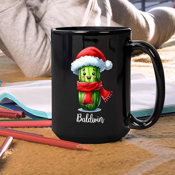 Vegetable Cups, Personalized Cucumber Coffee Mug For Cucumber Lovers, Cucumber Fans Cup, Cucumber Mug, Custom Cucumber Wearing Santa Hat Tea Cup, Cucumber Enthusiast Black Ceramic Mug 11oz 15oz