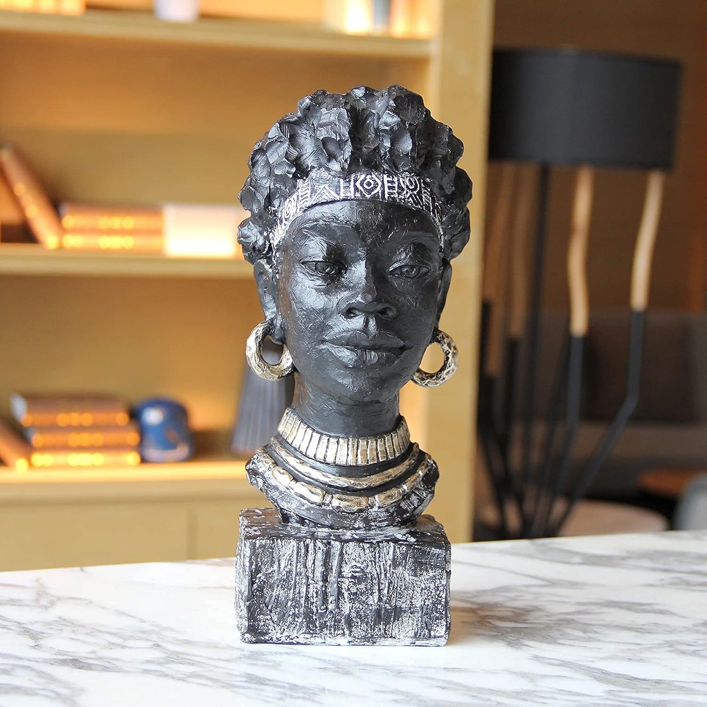 Leekung African Statues and Sculptures for Home Decor,African Figurines Head Statue Decorations for Home,African Art Sculptures Woman Statue Decor for Living Room Antique Black Color