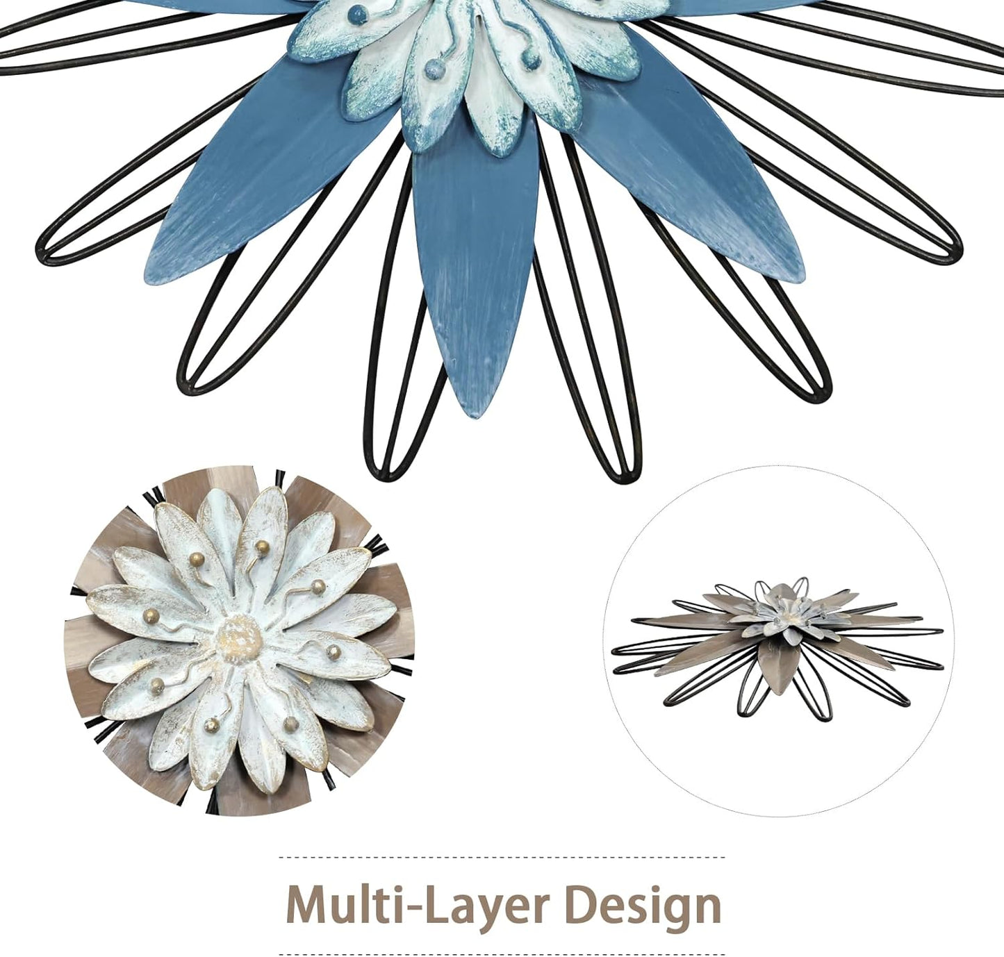 LIFFY Metal Flowers Wall Art Decor Set - 3D Multi-Layer Design Accent Wall Decor, 11 inches - Stunning Wall Art and Decor for Living Room, Bedroom, Sunroom and Outdoor Spaces