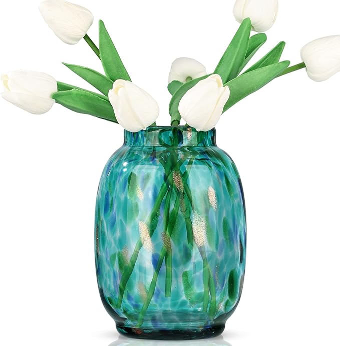 Blown Glass vase, Green Round Mouth vase, Modern Glass Art vase, Living Room Decorative vase for Living Room, Kitchen, Wedding, Dining Room Table, Office Centre Table with Flowers