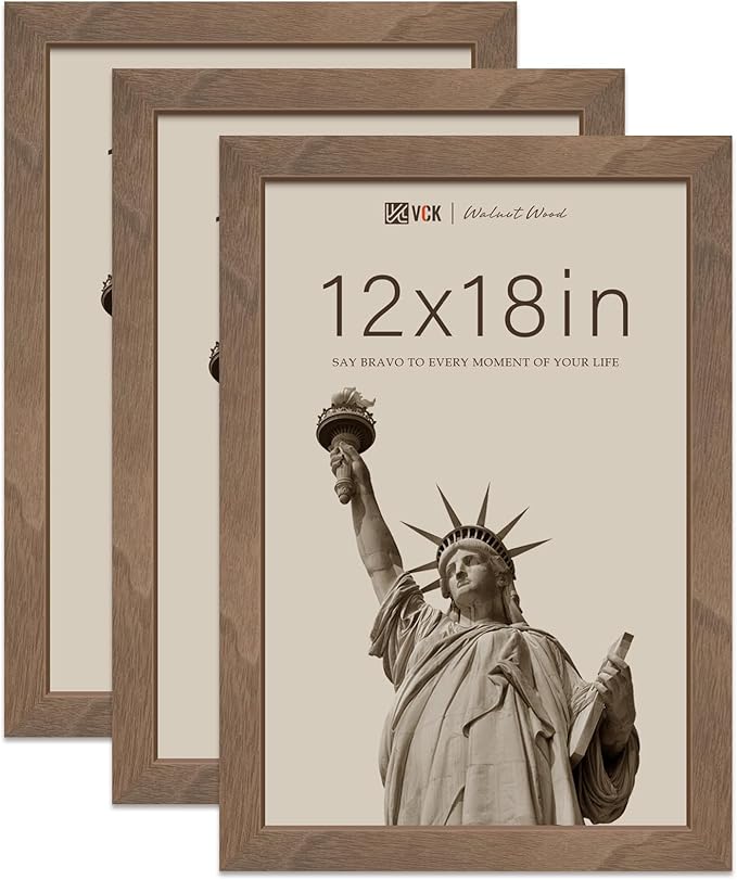 VCK 12x18 Poster Frame 3 Pack - Brown Walnut, Natural Textured Solid Wood Picture Frame, Wall Gallery Frame