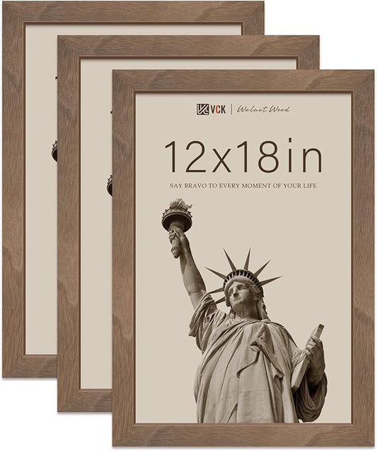VCK 12x18 Poster Frame 3 Pack - Brown Walnut, Natural Textured Solid Wood Picture Frame, Wall Gallery Frame
