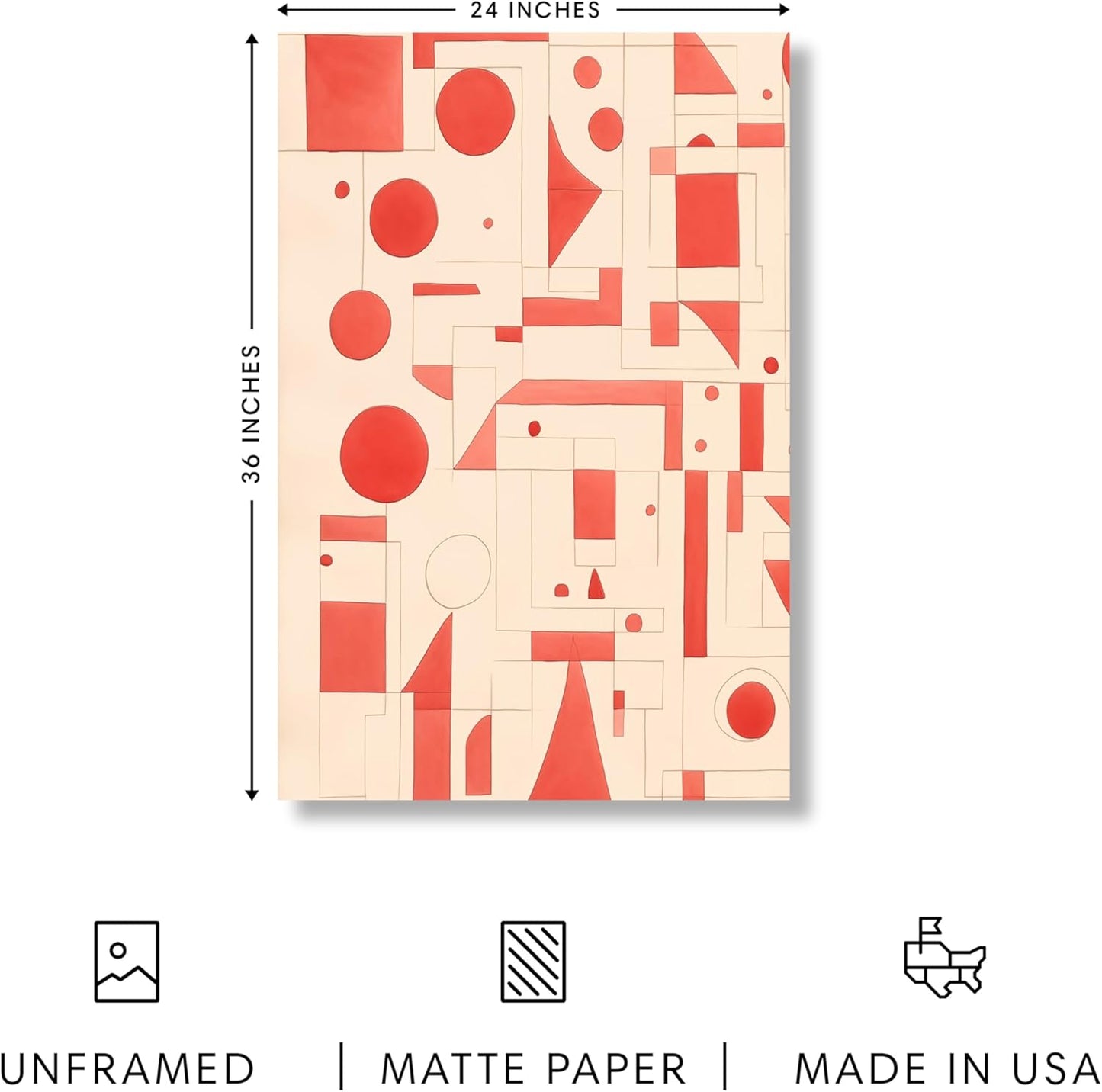 HAUS AND HUES Colorful Abstract Wall Art - Minimalist Retro Picture for Living Room Decor, Red and Pink Modern Wall Art Painting (Red Geometric, Unframed, 24x36)