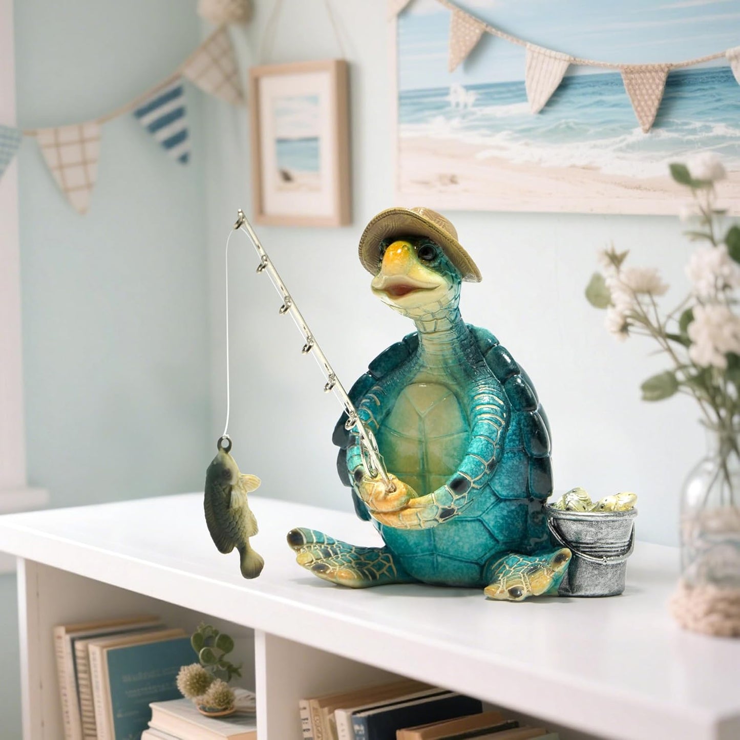 Hodao Sea Turtle Fishing Figurines Decoration Summer Turtle Crafts for Home Office Desk Decor Statue for Tabletop Shelf Decoration Ornament Gifts Decor for Beach Place (Blue)