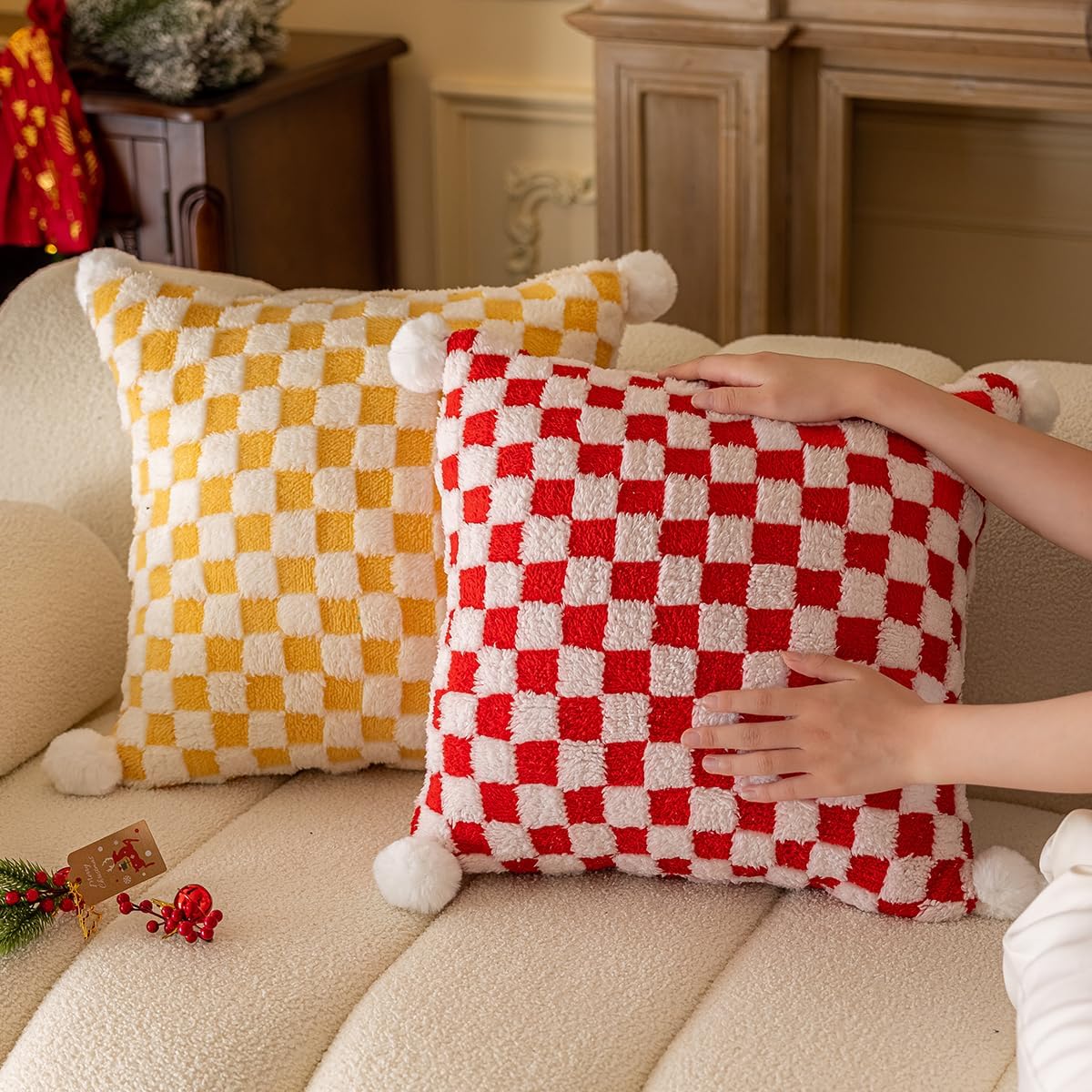 Faux Fur Plush Decorative Throw Pillow Covers with Pom Poms 18x18 Square Soft Christmas Checkered Pillow Covers for Couch Set of 2 Red x2