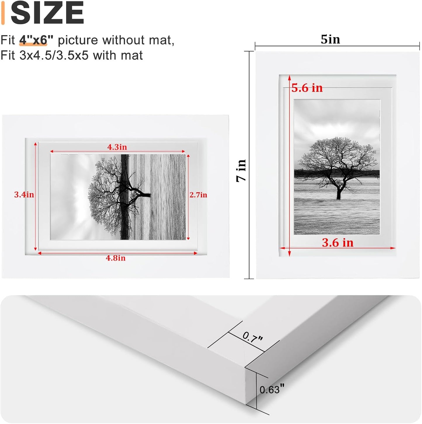 Egofine 4x6 Picture Frames Set of 4, Made of Solid Wood Covered by Plexiglass 3.5x5 with Mat or 4x6 without Mat, for Table Top Display and Wall Mounting Photo Frame White