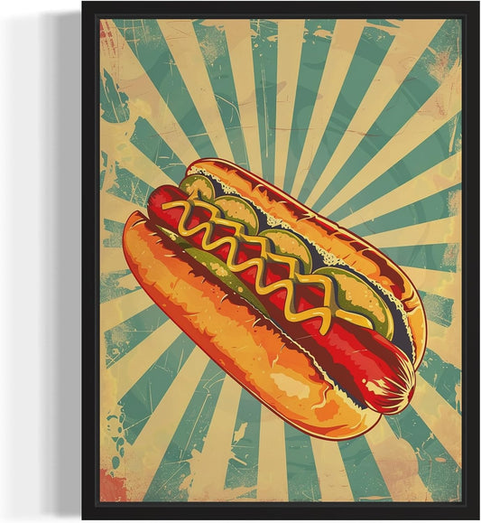 Hotdog Pop Art Poster Print, Vintage Retro Wall Art Decor Paintings Classic Artwork for Bedroom Living Room Decorations. (Hotdog, 11x14 inches + (Black Frame))
