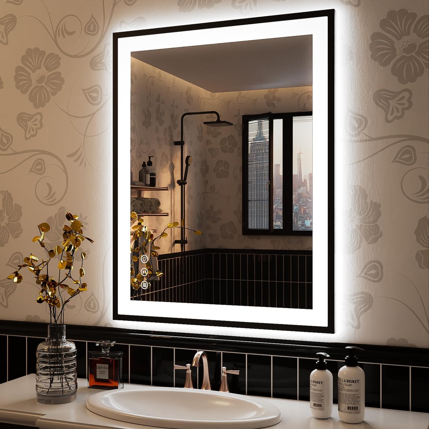 ISKM Framed LED Mirror for Bathroom 32"x24", Dimmable LED Bathroom Mirror with Lights, Anti-Fog, Front and Backlit Lighted Mirror 3-Colors, Shatterproof, Memory Function