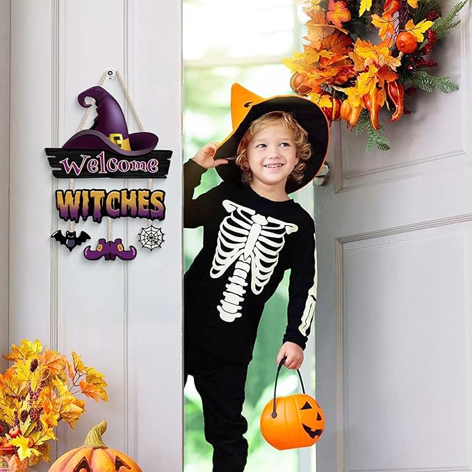 Welcome Witches Door Sign,Witch Legs Hat Wooden Hanging Sign,Rustic Halloween Bat Wall Decor,Halloween Witch Theme Wooden Sign,Spider Web Wall Plaque for Porch Yard Home Room Farmhouse Garden