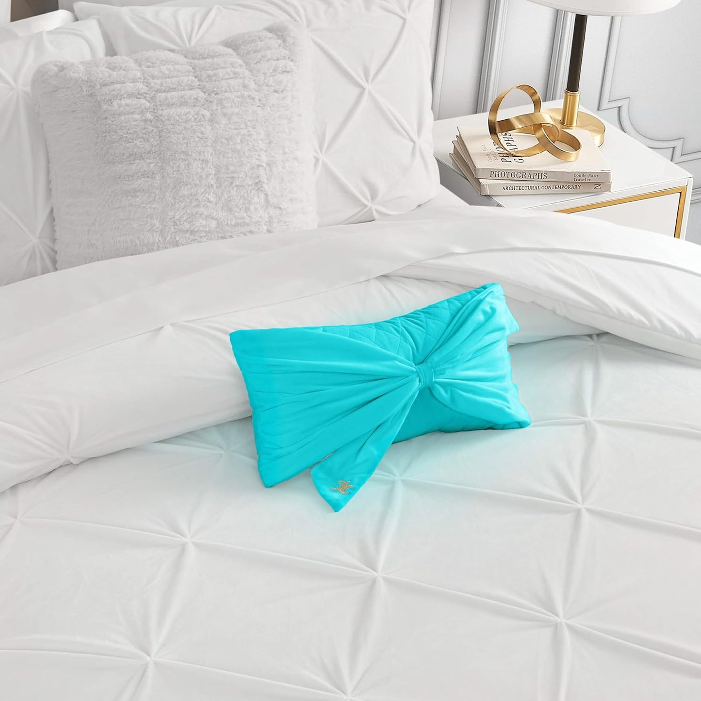 Juicy Couture Rectangle 1-Piece Decorative Accent, Premium Reversible Throw Pillow, Living Room and Bedroom Décor, 10"x18", Velvet Bow-Blue Crush