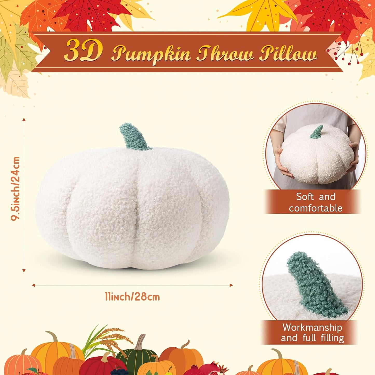 Kajaia 1 Pcs Simulated Pumpkin Pillow Plush 11 x 9.5 Inch 3D Cushion Fall Decorations Stuffed Throw Pillows Toy for Thanksgiving Christmas Halloween Bedroom Sofa Couch Supplies (White)