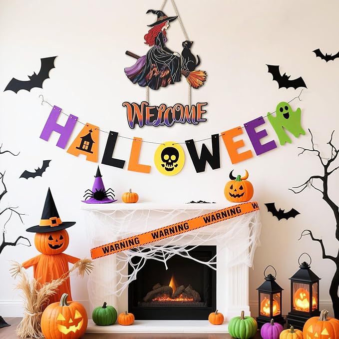 Witch Halloween Decoration,Witch And Black Cat Door Hanging,Witches On Broom Door Hanger,Halloween Welcome Wall Sign,Witches Broom Wooden Sign,Black Cat Wall Plaque for Porch Yard Home Bedroom