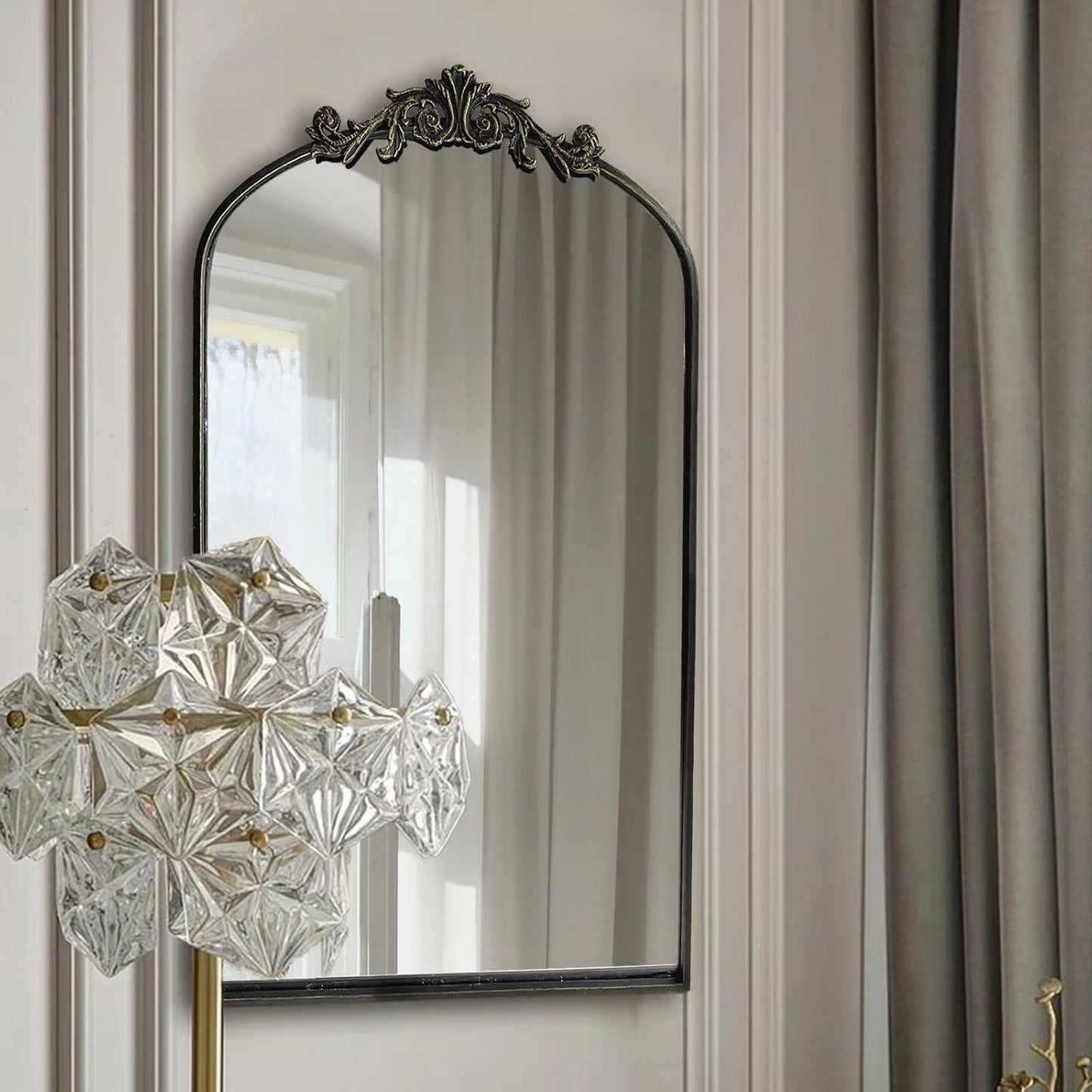 Black Ornate Mirror for Wall, Traditional Vintage Ornate Baroque Mirrors,Victorian Antique Bronze Full Matel Frame,Arched Mirror for Entryway/Bathroom/Fireplace 24"X36"