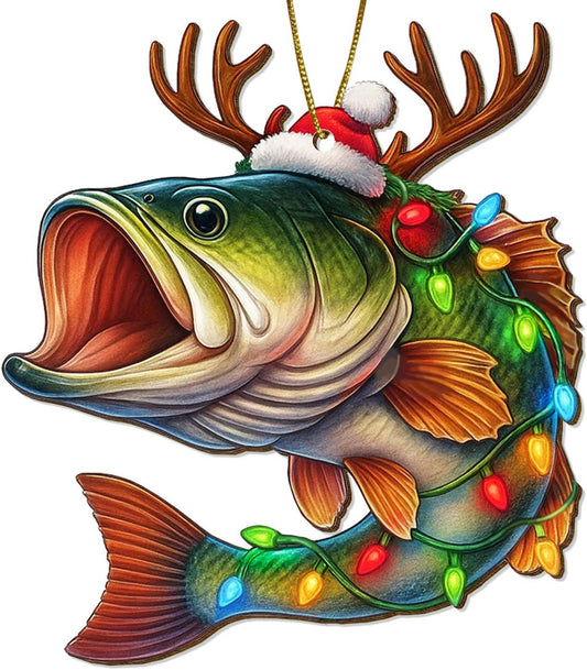 Funny Bass Fishing Ornament, Wooden Christmas Tree Decoration for Fishermen, Holiday Keepsake Gift for Men, Fish Lover Ornaments