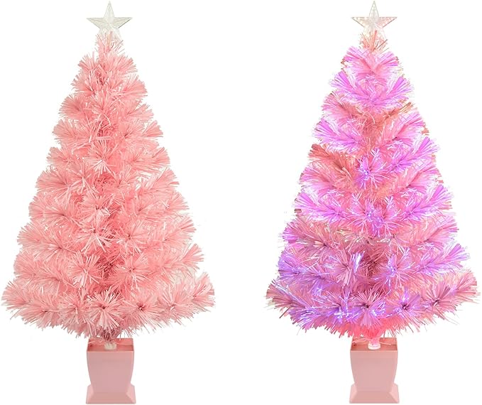 3ft Pink Fiber Optic Christmas Tree,Pre-Lit Artificial Mini Christmas Tree, Tabletop Small Xmas Tree with Stars Holiday Home Decorations