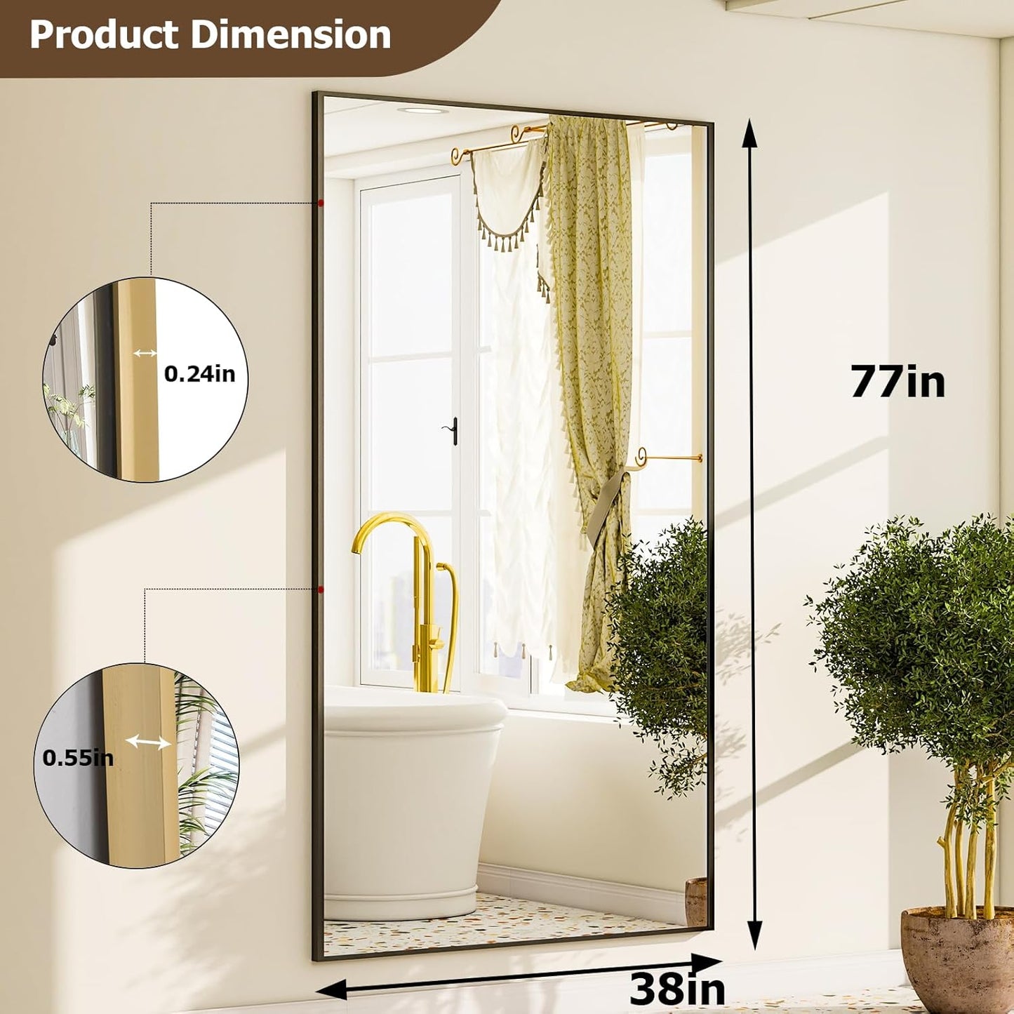 GLSLAND 77" x 38" Rectangular Full Length Mirror - Oversize Floor Mirrors Aluminum Alloy Frame Full Body Dressing Mirror for Bedroom Living Room,Black