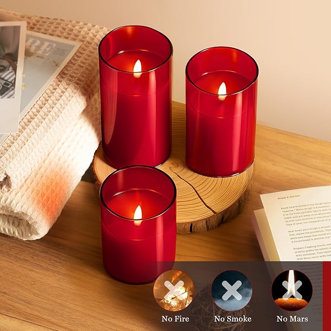 Tyawon Glass Battery Operated LED Flameless Candles with Remote and Timer, Real Wax Candles Warm Color Flickering Light for Festival Wedding Home Party Decor(Pack of 3)-Red