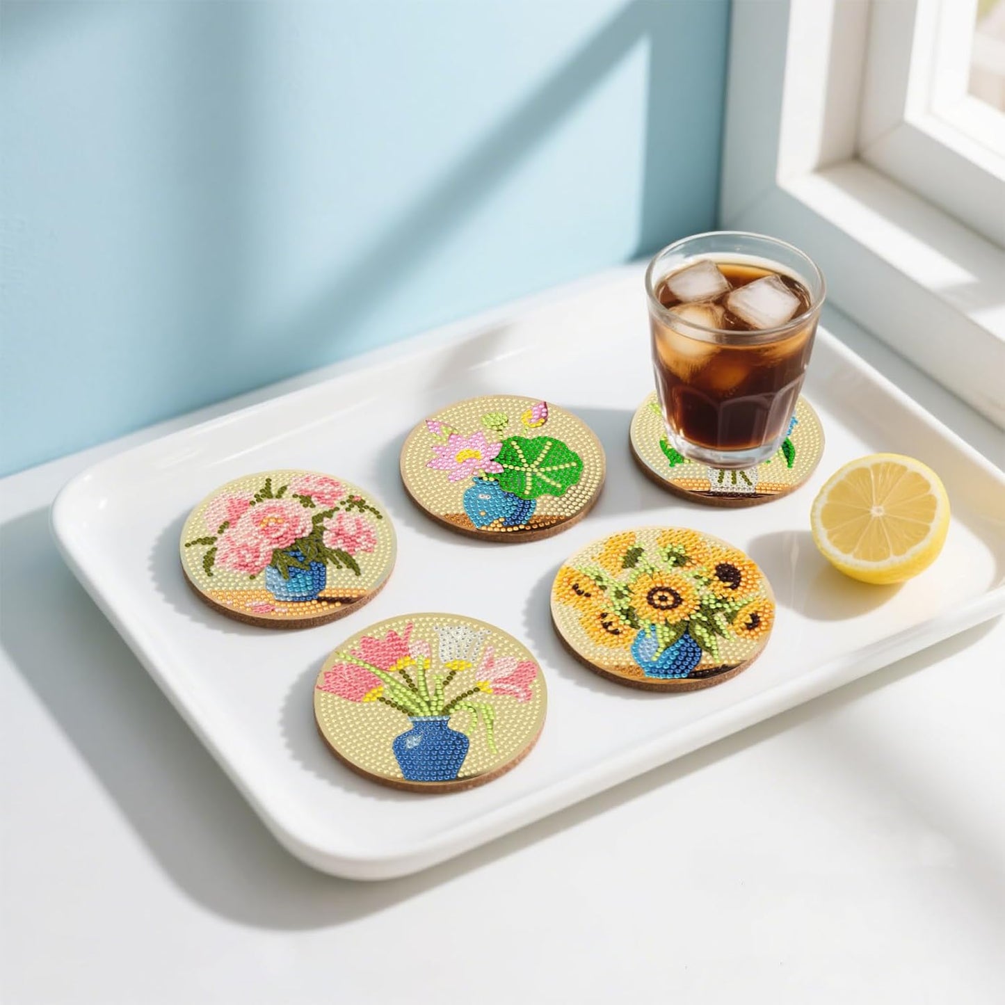 DOZEEZOP 8 PCS Hydrangea Diamond Art Coasters Kit, Flowers 5D Diamond Painting Coasters with Holder, Fall Small Diamond Art Kits for Adults Beginners, Diamond Dots Arts and Crafts Supplies