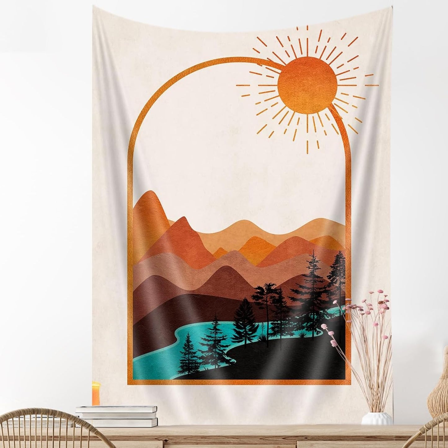 DYNH Bohemian Mountain Tapestry, Retro Nature Sunset Wall Hanging with Sun River Forest, Aesthetic Decor for Bedroom, Living Room, Dorm – Warm Bohemian Art for Home & Outdoor,50X60IN