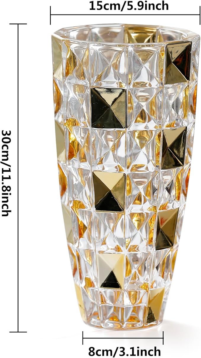 Unique Diamond-Shaped Gold Color Glass Flower Vase 11.8" Tall for Home Decor, Dining Wedding Table Office Holiday Party Centerpiece Decoration. (Gold)