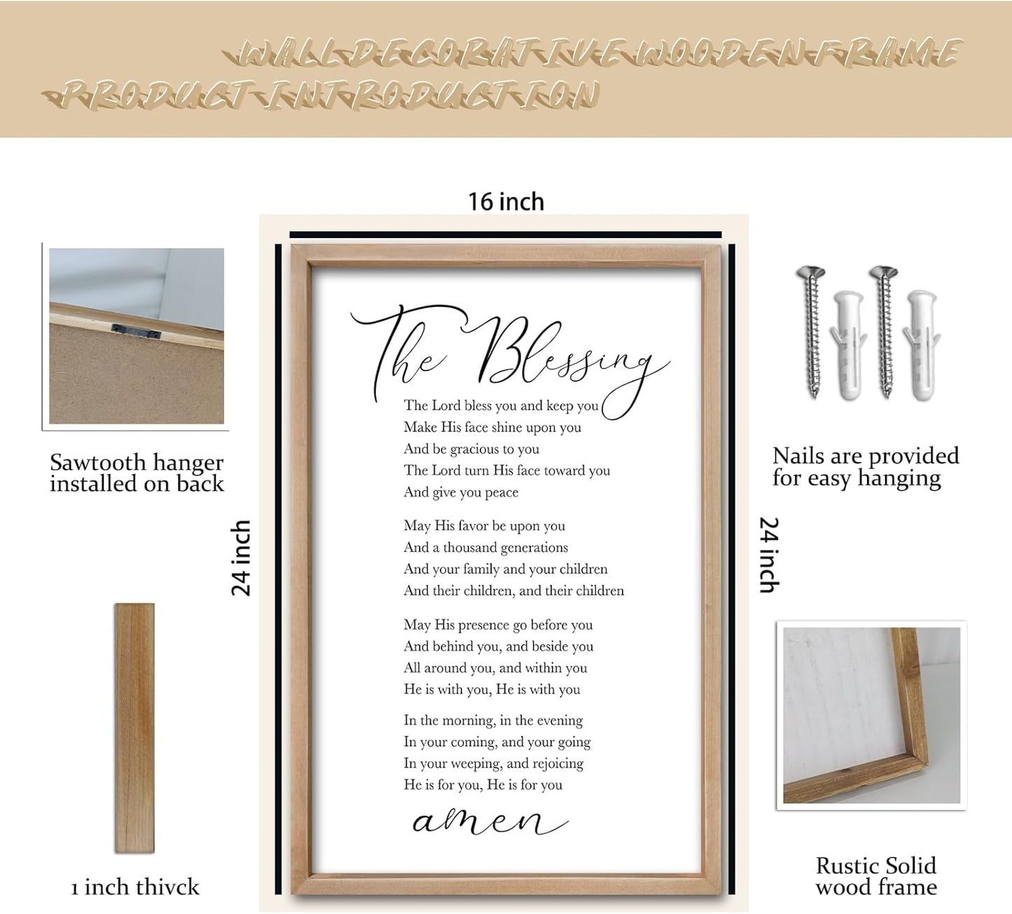 comurdyo The Blessing Bible Verse Wall Art Christian Decor for Home 16"×24" May The Lord Bless You And Keep You Scripture Sign Religious Bible Quotes Wall Decoration Wood Framed Hanging (Wood)