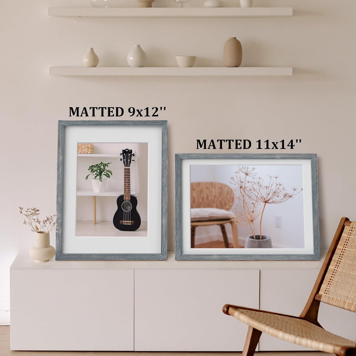 Egofine 12x16 Picture Frames Set of 4, Made of Solid Wood Covered by Plexiglass 9x12 and 11x14 with Mat or 12x16 without Mat, for Wall Mounting Photo Frame Rustic Blue