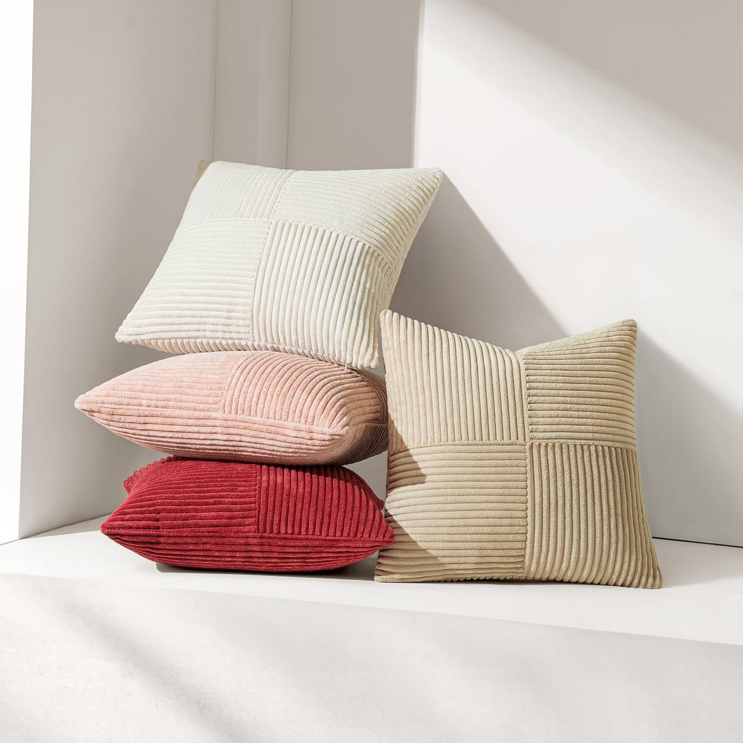 MIULEE Beige Corduroy Pillow Covers Pack of 2 Boho Decorative Spliced Throw Pillow Covers Soft Solid Couch Pillowcases Cross Patchwork Textured Cushion Covers for Living Room Bed Sofa 12x24 inch