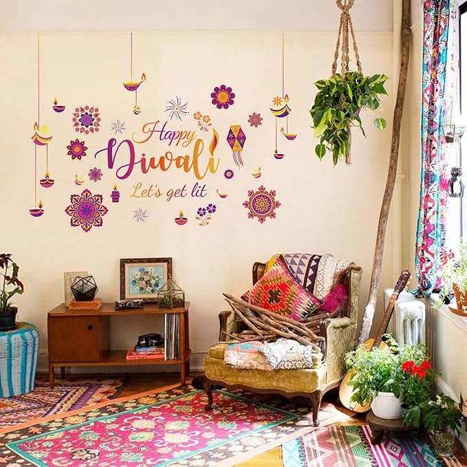 HLNIUC Happy Diwali Wall Stickers Peel and Stick(35”x12”) Let’s Get It Diwali Window Clings Double Sided,Multicolor Indian Festival of Light Wall Decal,Diyas Party Decoration Supplies for Living Room