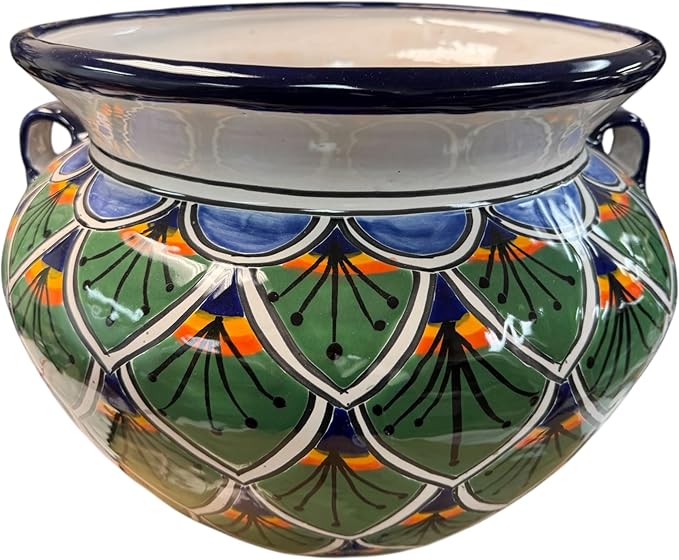 Talavera Michoacana Planter XL Pot Folk Art Multicolor Mexican Pottery Home Decor Hand Painted Garden Indoor Handmade Outdoor 18.5" (Green Multicolor)