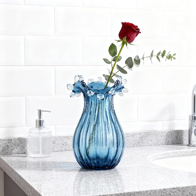 Hand-Blown Glass vase, Unique Blue Glass vase, Modern Art Decor, Suitable for Living Room Coffee Tables, Wedding centerpieces, Dining Tables, and Office Centerpiece Floral Arrangements