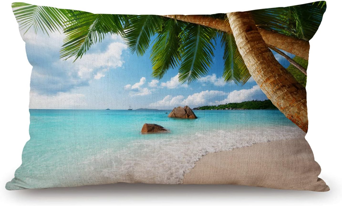Farmhouse Decorative Outdoor Throw Pillow Covers for Couch Sofa Bed Tropical Palm Tree ANSE Lazio Beach at Praslin Island Pillow Cover Modern Decor Pillow Case 12 x 20 Inch Jcp133