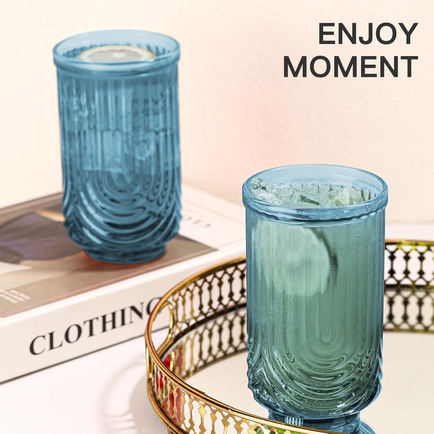 Blue Vintage Glassware Set of 6-17Oz Blue Water Drinking Glass, Art Deco Ripple Highball Glass, Whiskey Cocktail Glasses, for Bar Beverages Ice Coffee Juice, Housewarming Gifts