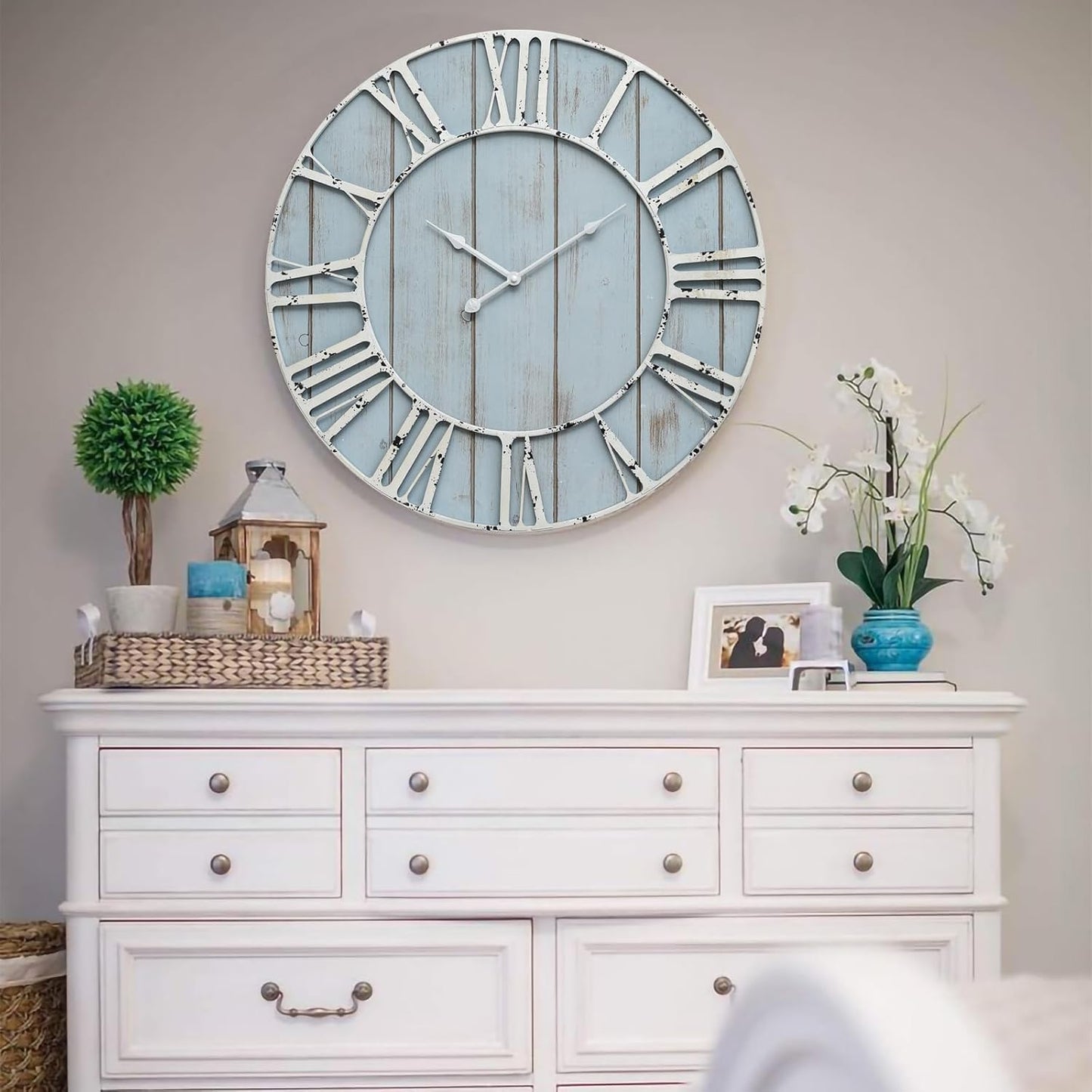 Large Farmhouse Wall Clock 24 Inch Vintage Blue Wooden Wall Clock with Quiet Ticking and Minimalist Roman Numerals for Bedroom Living Room Office Kitchen Home Decor, Battery Operated