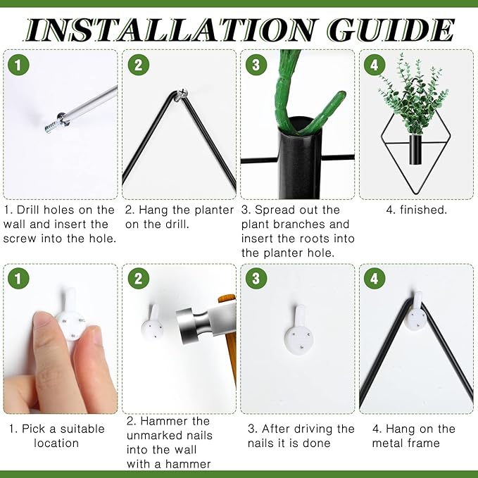 2 Pieces Wall Decor Hanging Planters with Artificial Plants Metal Hanging Vase Indoor Plants Holder Modern Boho Wall Art for Bathroom Bedroom Living Room Decor(Black,Eucalyptus)