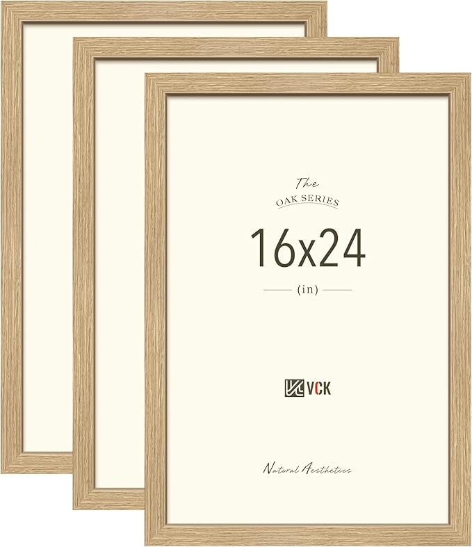 VCK 16x24 Oak Wood Frame for Poster & Picture, Natural Solid Wood Photo Frames 3 Pack, Wall Gallery Frame