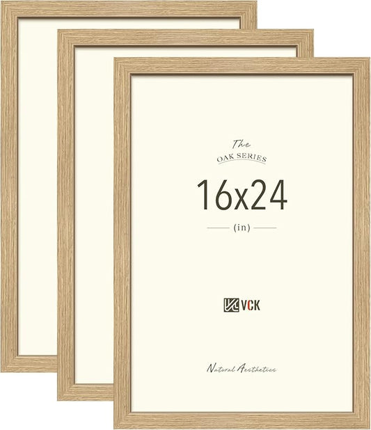 VCK 16x24 Oak Wood Frame for Poster & Picture, Natural Solid Wood Photo Frames 3 Pack, Wall Gallery Frame